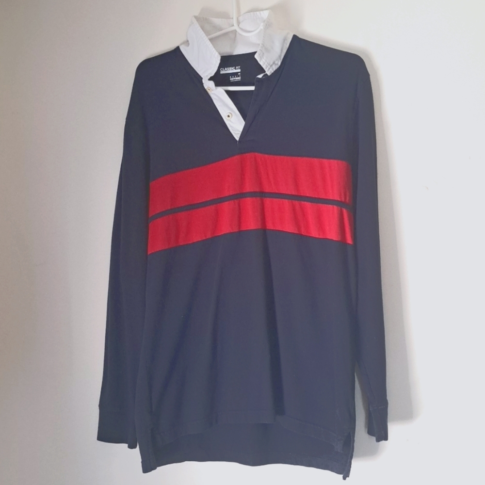 Long sleeve polo, navy blue with 2 red stripes, size small fits like medium